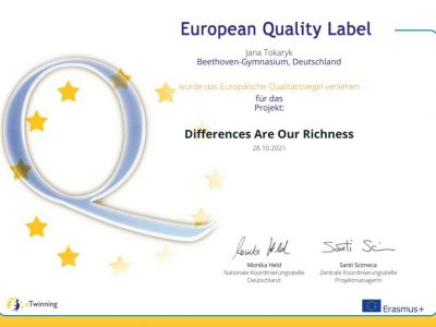 Europäisches eTwinning Qualitätssiegel für das Englischprojekt der 8a